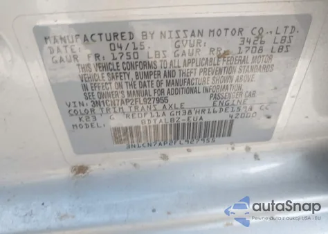 2015 Nissan Versa 1.6 Sv from USA, damaged, VIN 3N1CN7AP2FL927955